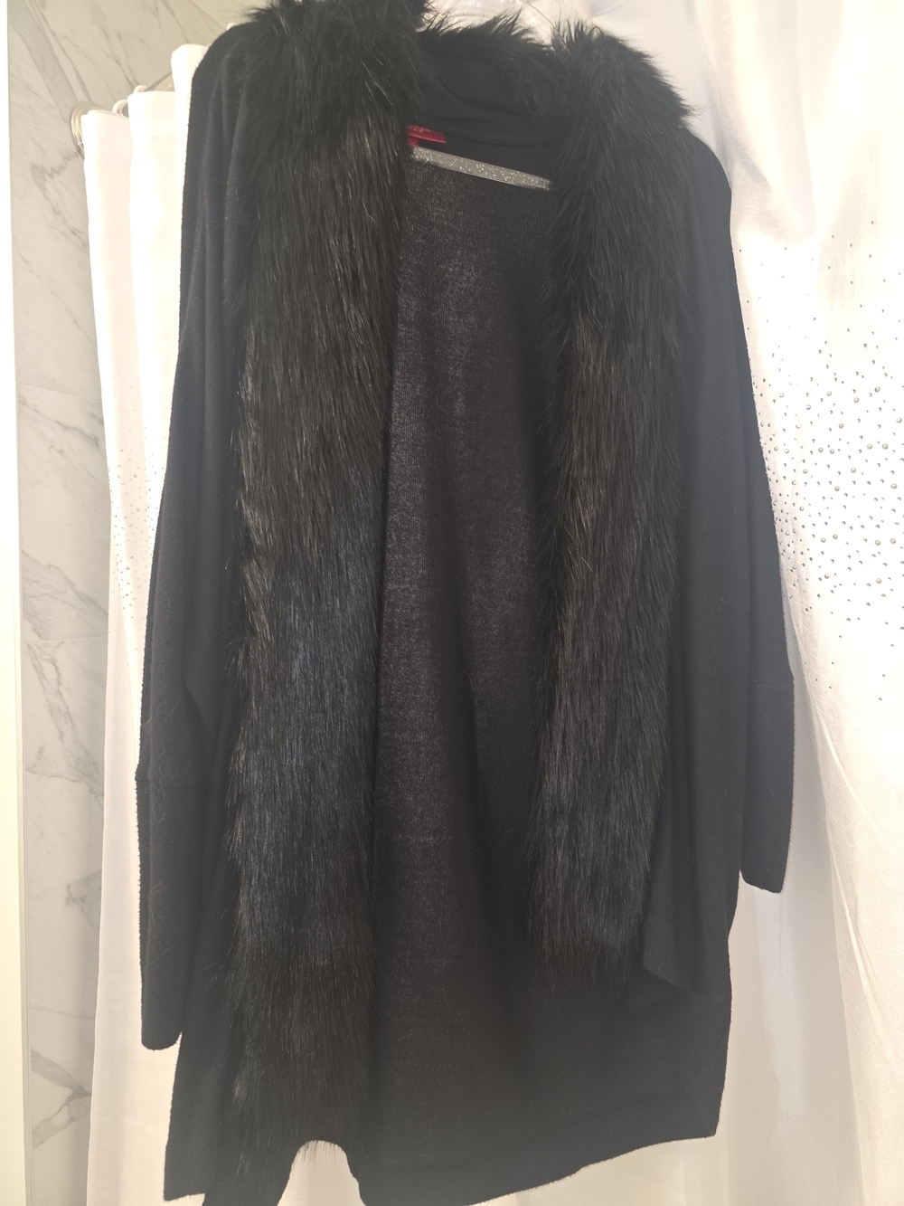 Jennifer Lopez Black Faux Fur Trim Open-Front Cardigan